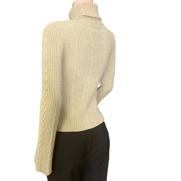 Turtleneck Sweater in Khaki Cable Knit Pattern with Slight Bell Sleeves - Picture 3 of 7